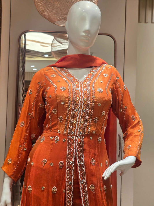 Orange Tissue Silk Indo Western Set for Women