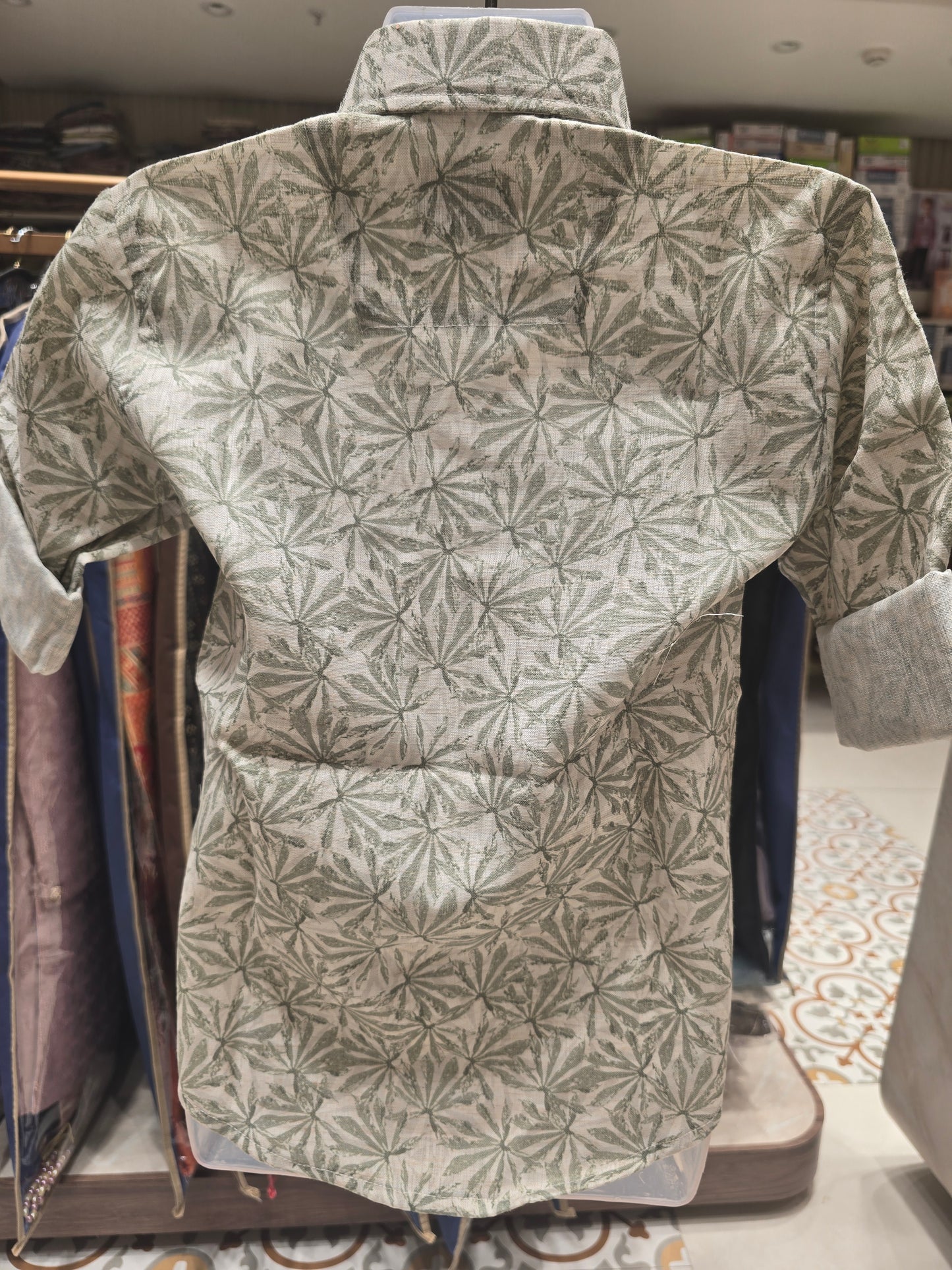 Cream Cotton Shirt for Boys with Green Leaf Print, Full Sleeves and Summer Casual Comfort