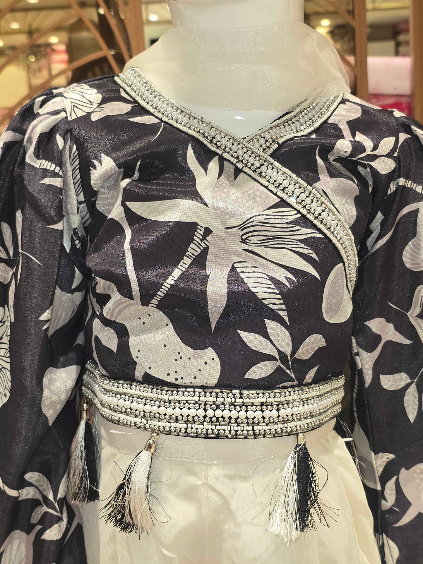 Crepe material black & white colour western plazo sets with floral prints & bell sleeves and dual colour dupatta