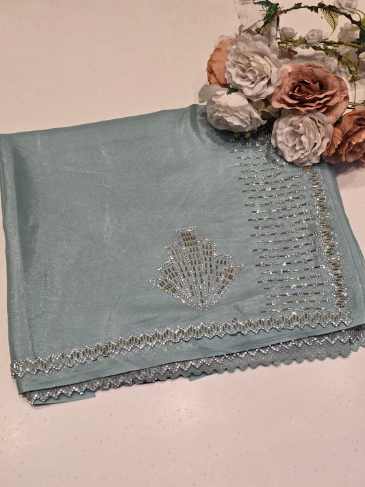 Shining Satin Saree with Stone Work & Cutwork Blouse | Elegant Party Wear Saree