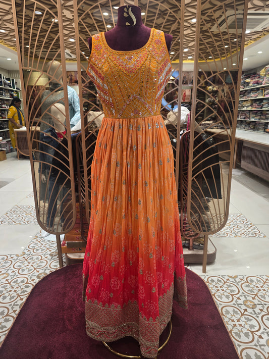 Women’s Tissue Bandhini Traditional Wear Gown in Sky Blue with Sequins, Thread and Mirror Embroidery Work for Festive and Wedding Occasions