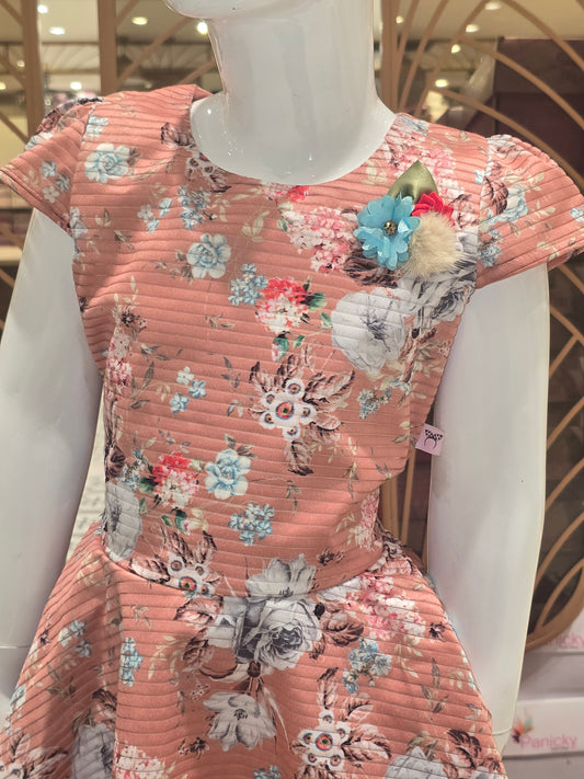 Girls Peach Floral Satin Shirt Frock with Megha Sleeves and Golden Belt