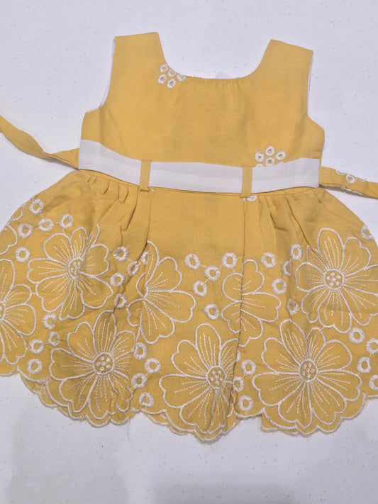 Baby Girls Lemon Yellow Cotton Embroidered Frock