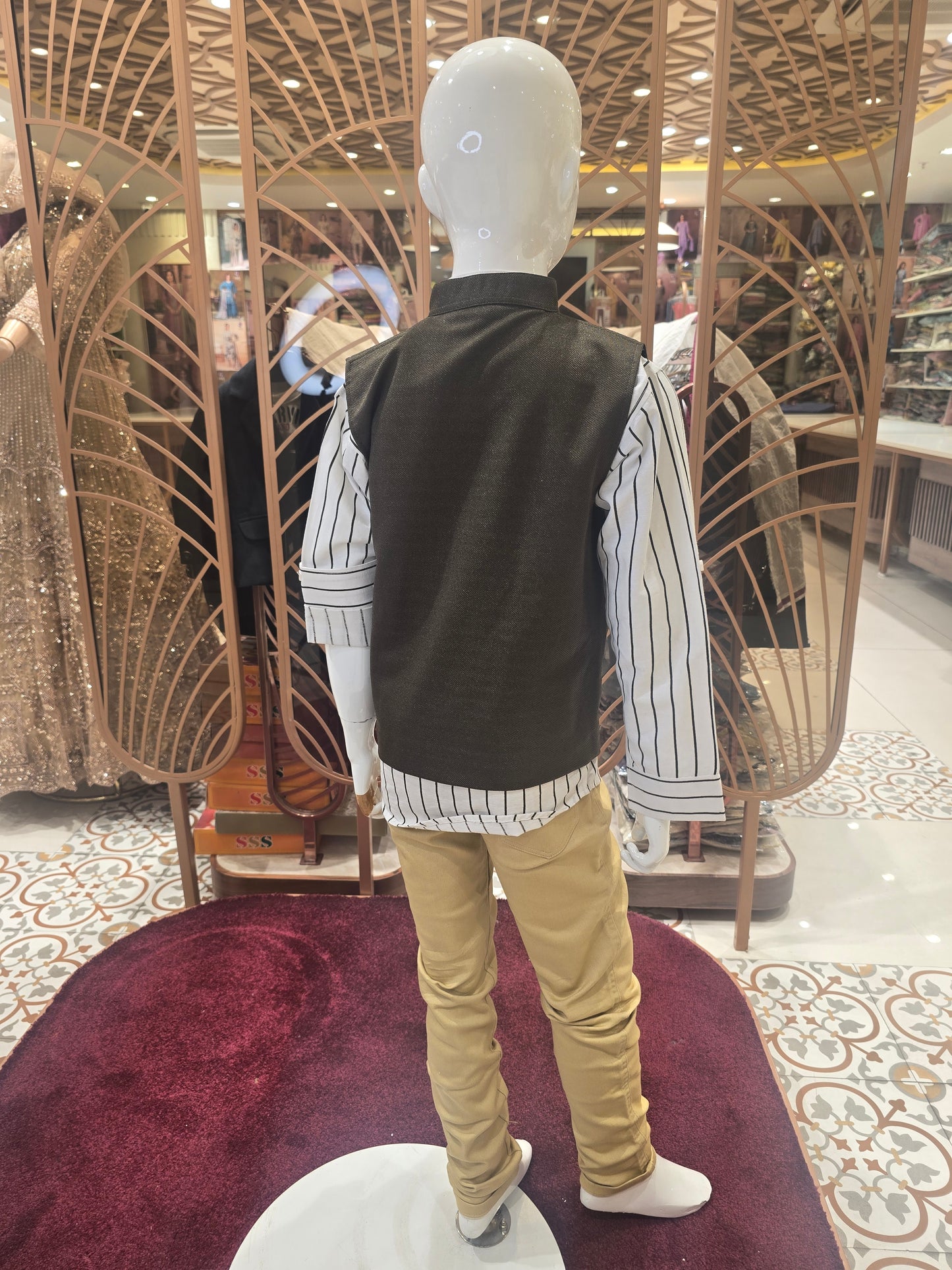 Boys Cotton and Jute 3 Piece Set with White Vertical Stripe Cotton Shirt, Shining Jute Coat with Brooch and Cream Cotton Pant for Summer Party Wear