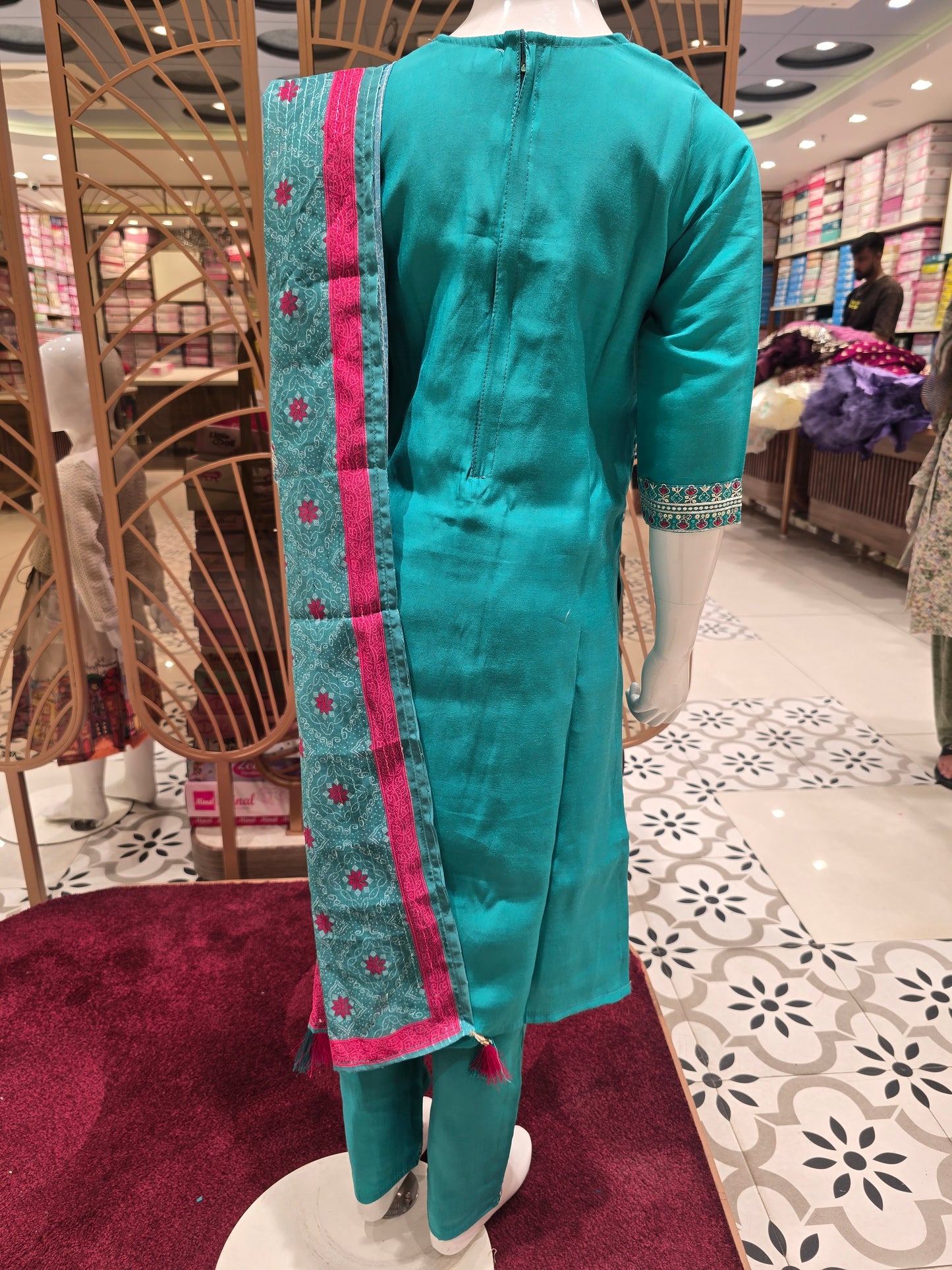 Girls Span Cotton Ethnic Chudidar Set in Peacock Color with Embroidery Work and Printed Dupatta for Festive and Traditional Occasions