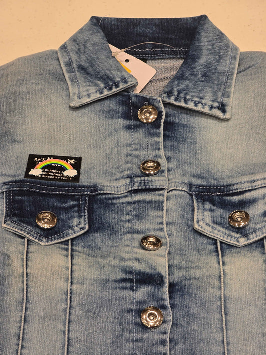 Washed Blue Denim Jacket for Girls with Embroidered Chest Patch