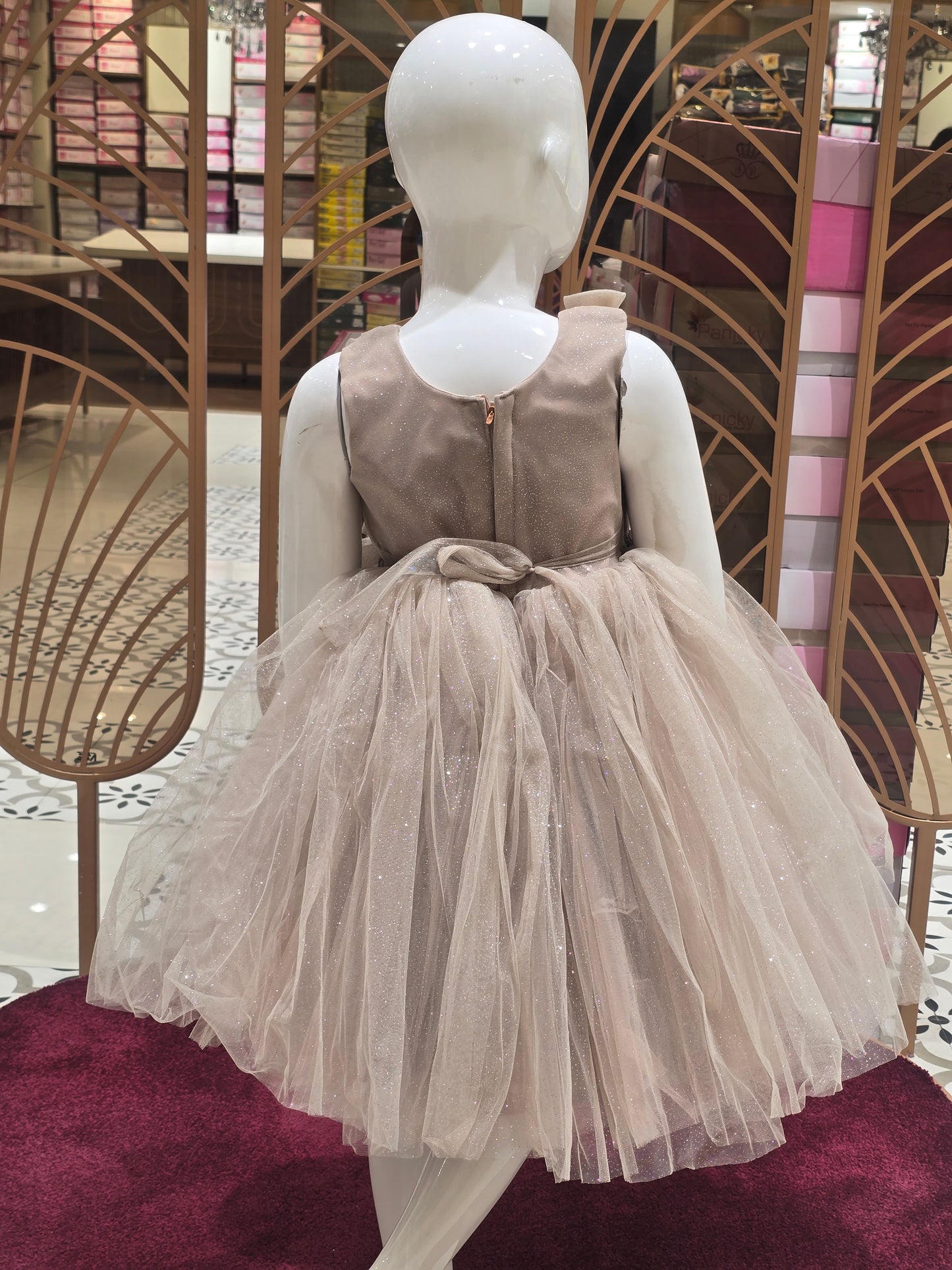 Girl Chikoo Glitter Knitted Party Wear Short Frock