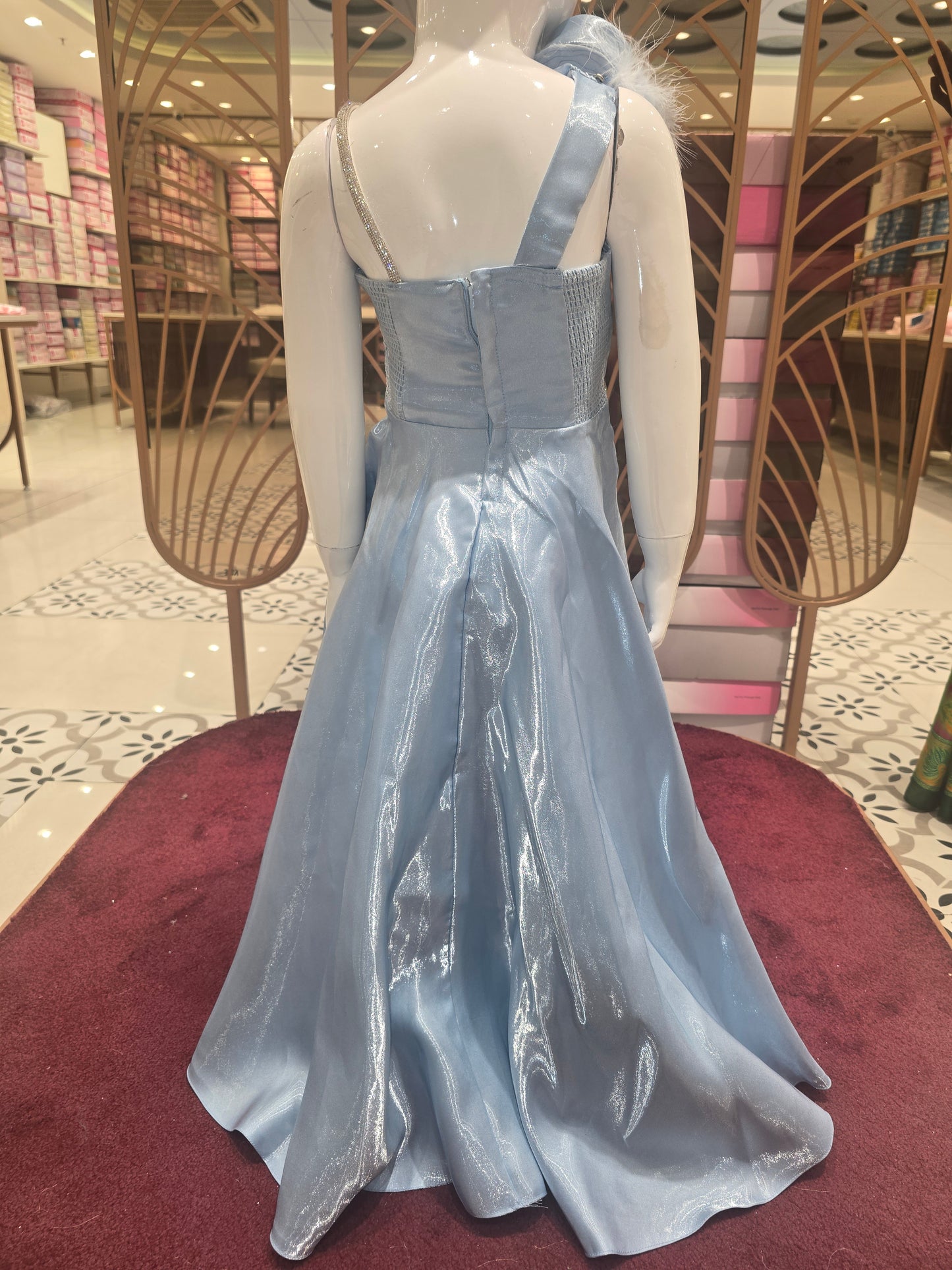 Satin material western gown for girl with Spaghetti Strap Design, Full Sleeve Inner and Stone Waist Belt and detachable flower bow