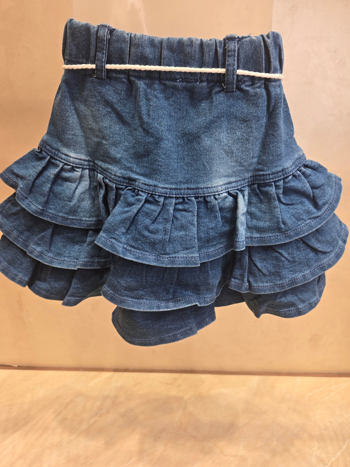 Blue Denim Lycra Skirt for Girls with Side Bow Design, White Knitted Lace Detailing and Elastic Waistband