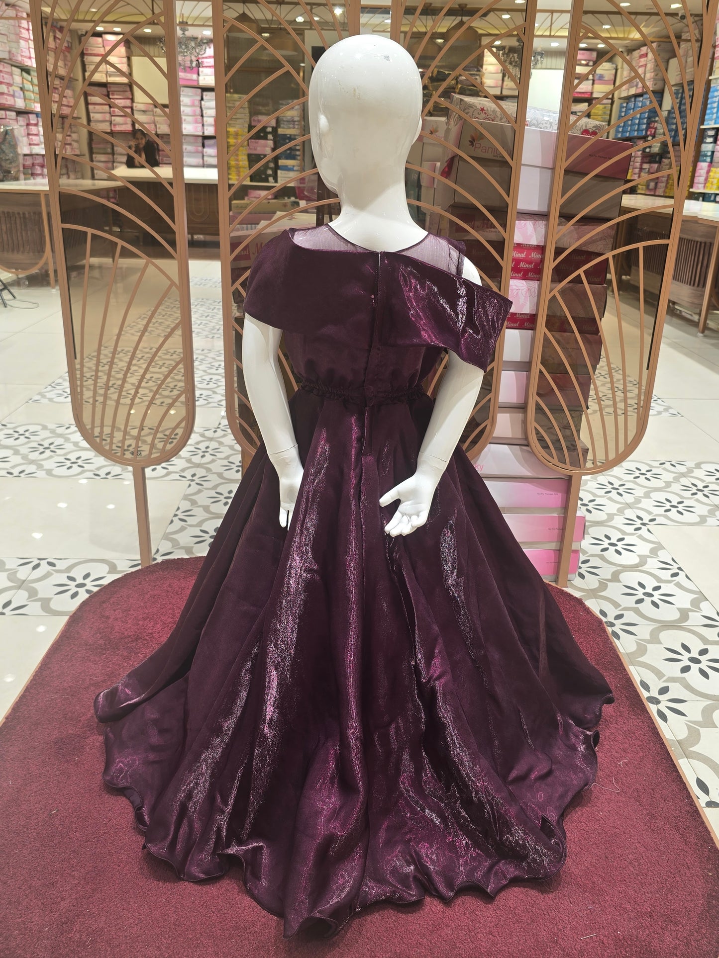 Wine Satin Sequence Gown with Stylish Neck Pattern & Western Shoulder Drape – Party Wear for Girls (Age 5, Size 24)