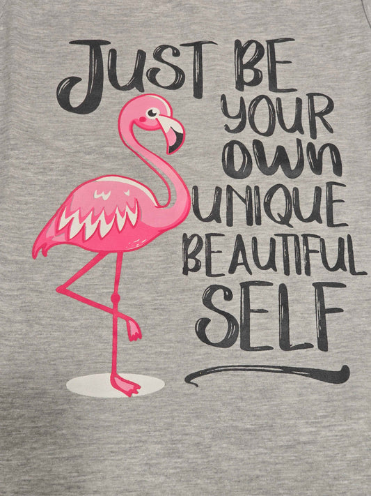 grey sleeveless graphic top or dress featuring a pink flamingo illustration alongside the motivational quote,