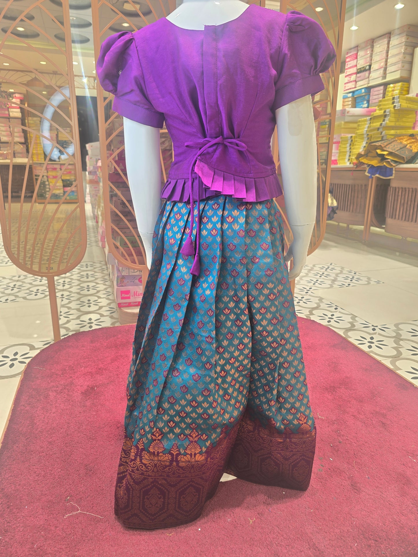 Purple & Rama Green Banarasi Silk Ethnic Langa Blouse Set for Girls with Printed Skirt and Puff Sleeves