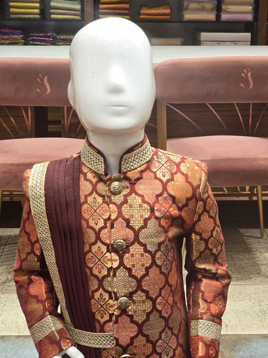 Boys Maroon Indo-Western Sherwani Set,