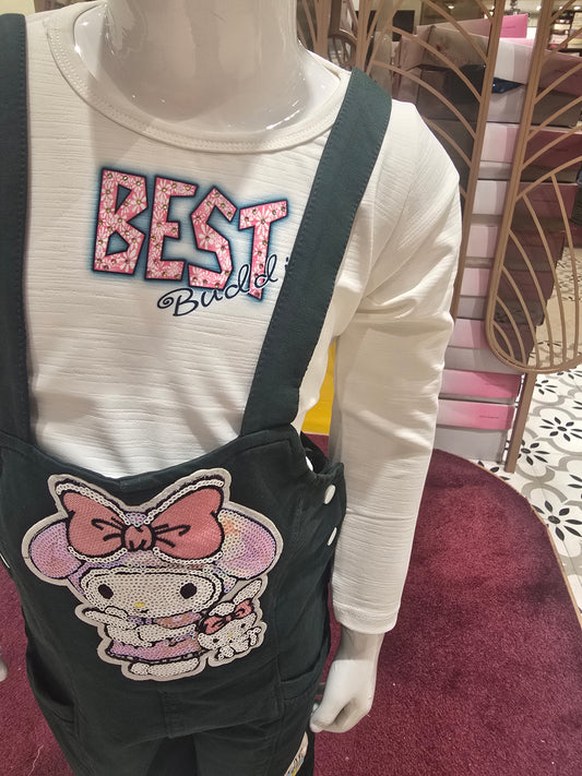 Bottle Green Cycra Cotton Western 3-Piece Set for Girls – White Dangri & Doll Printed Sequin Full Sleeve Top