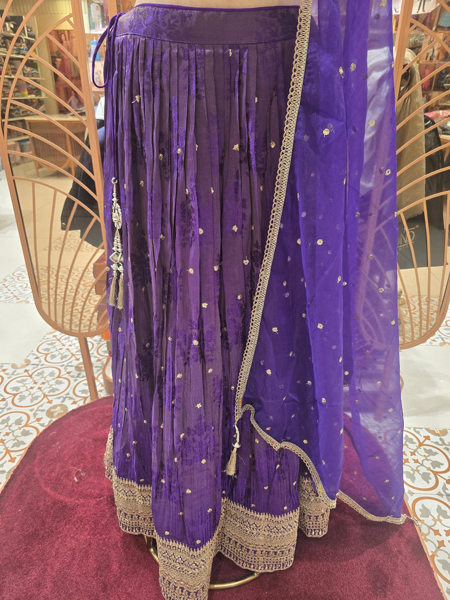 Purple Net Lehenga with Tissue Butta Motifs & Sequence–Zari Work | V-Neck Blouse & Tissue Dupatta