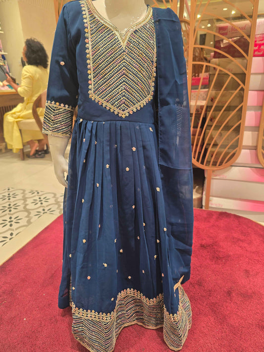 Chiffon material Teel blue color Anarkali kurta with zari embroidery
