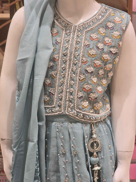 Georgette Material blue colour gaghra set with beats work