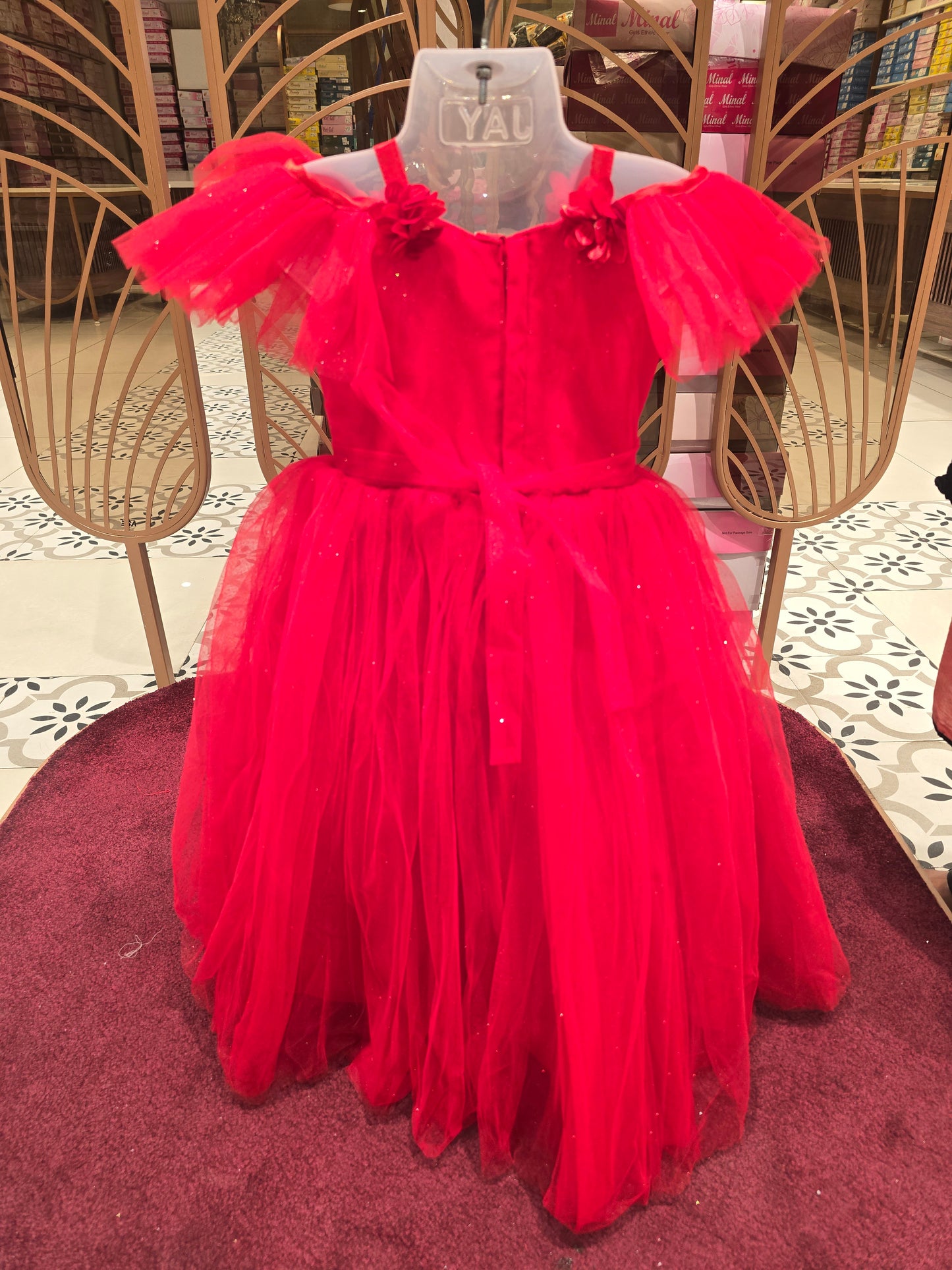 Girls Red Glitter Knitted Cool Shoulder Gown