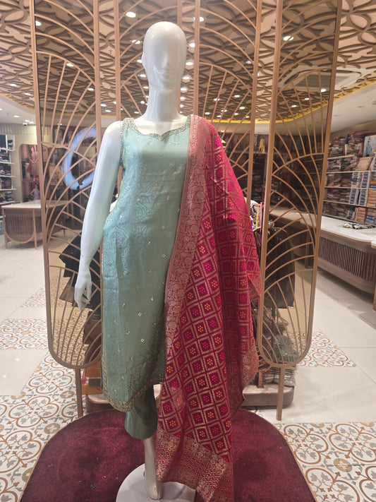 Pista Green Tissue Silk Party Wear Set for Women with Position Prints & Sequin Thread Handwork on Square Neck