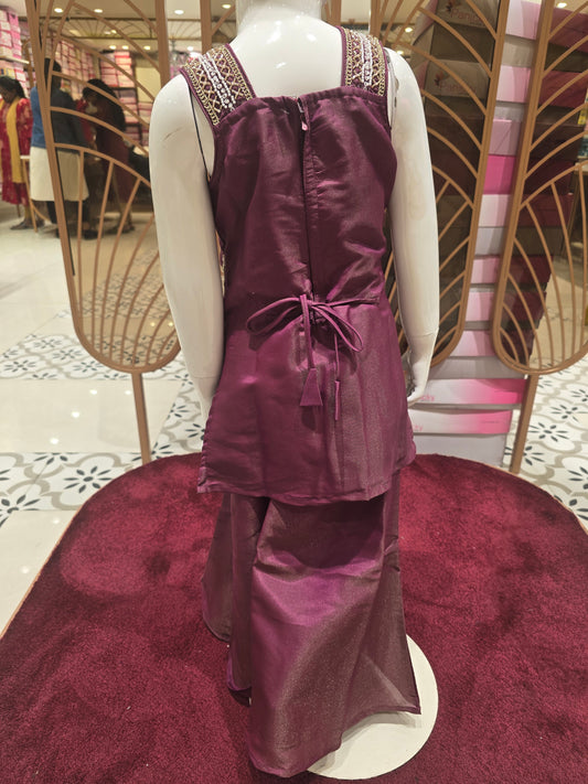 Girls Wine Dual Shade Tissue Sharara Set with Multicolour Embroidery