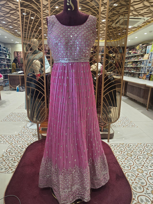 Women’s Tissue Crush Party Wear Gown in Baby Pink with Flower Designed Sequins Work and Sequence Border Dupatta for Festive Occasions