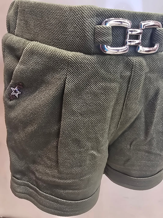 Green Lycra Casual Shorts for Girls with Round Elastic Waistband and Stylish Belt Logo Design