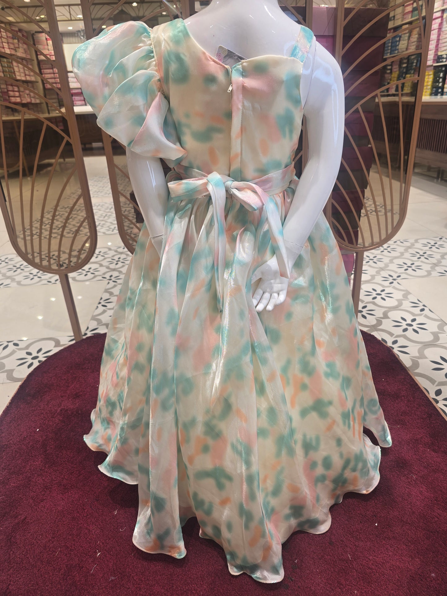 Multicolor Printed Organza Party Wear Gown for Girls with Asymmetrical Sleeves, Floral Front Design and Stone Belt