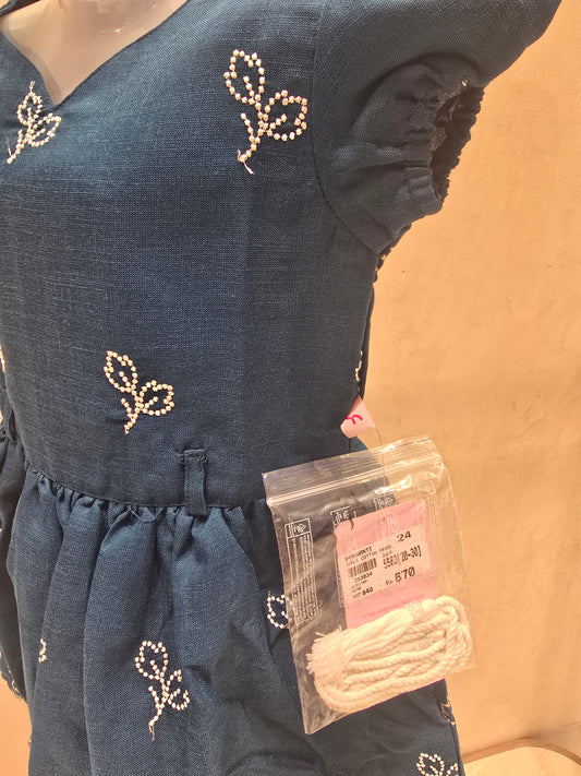 Peacock Blue Linen Cotton Frock with Thread Embroidery & Puff Sleeves