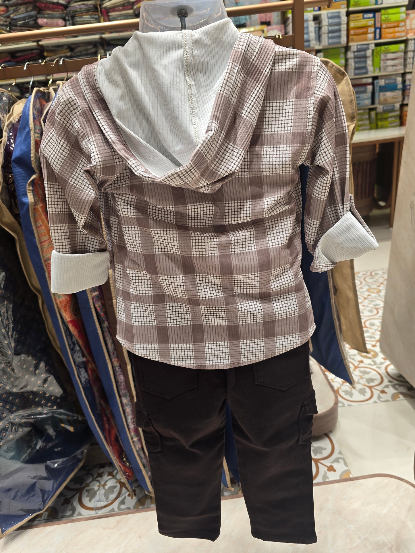 Boys Lycra Cotton 3 Piece Set in Fawn Color with Checked Hoodie, Cotton Cargo Pant and Printed Inner T-Shirt for Summer Wear