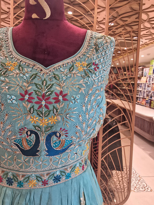 Women’s Tissue Silk Gown in Sky Blue with Hand Work and Embroidery Featuring Multicolored Peacock Border Design for Wedding and Festive Wear