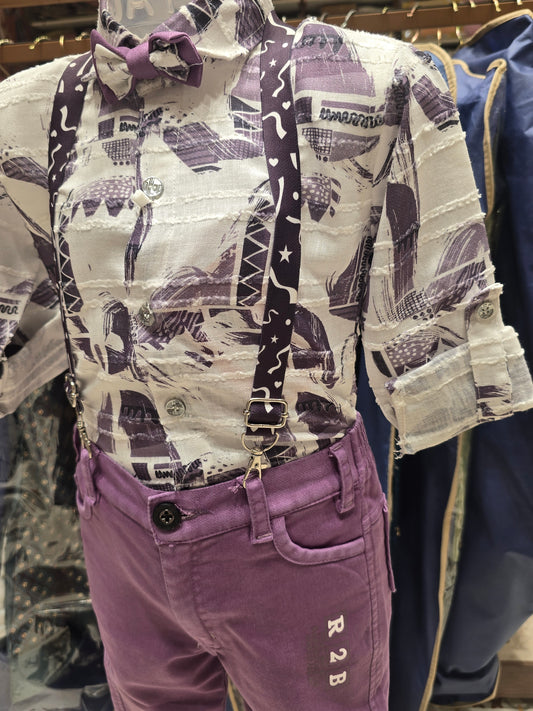 Boys Satin Mixed Printed Dangri Suspender 3 Piece Set with Bow, Cap and Light Purple Pant for Party and Summer Wear
