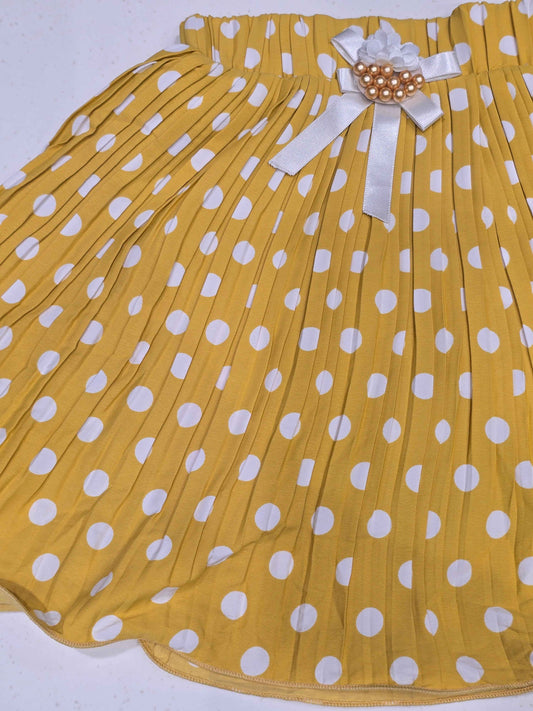 mustard yellow and white polka dot pleated skirt