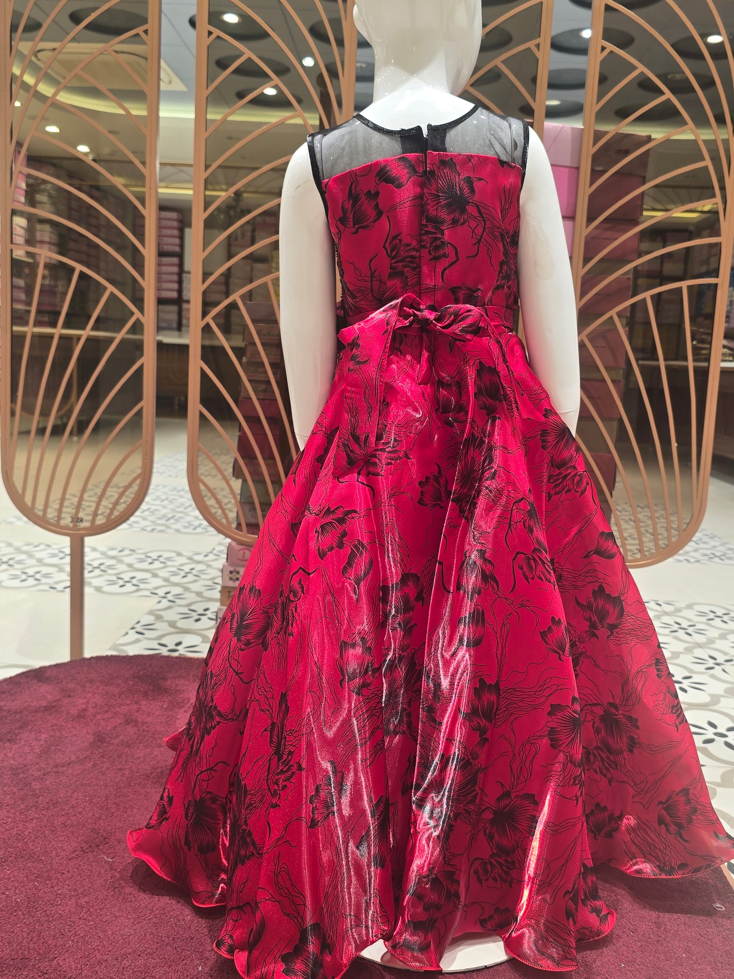 Girl Red Black Printed Satin Party Wear Gown