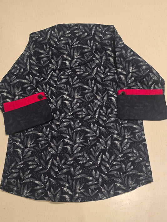 Printed cotton material blue color shirt with red color piping for sleeves & neck
