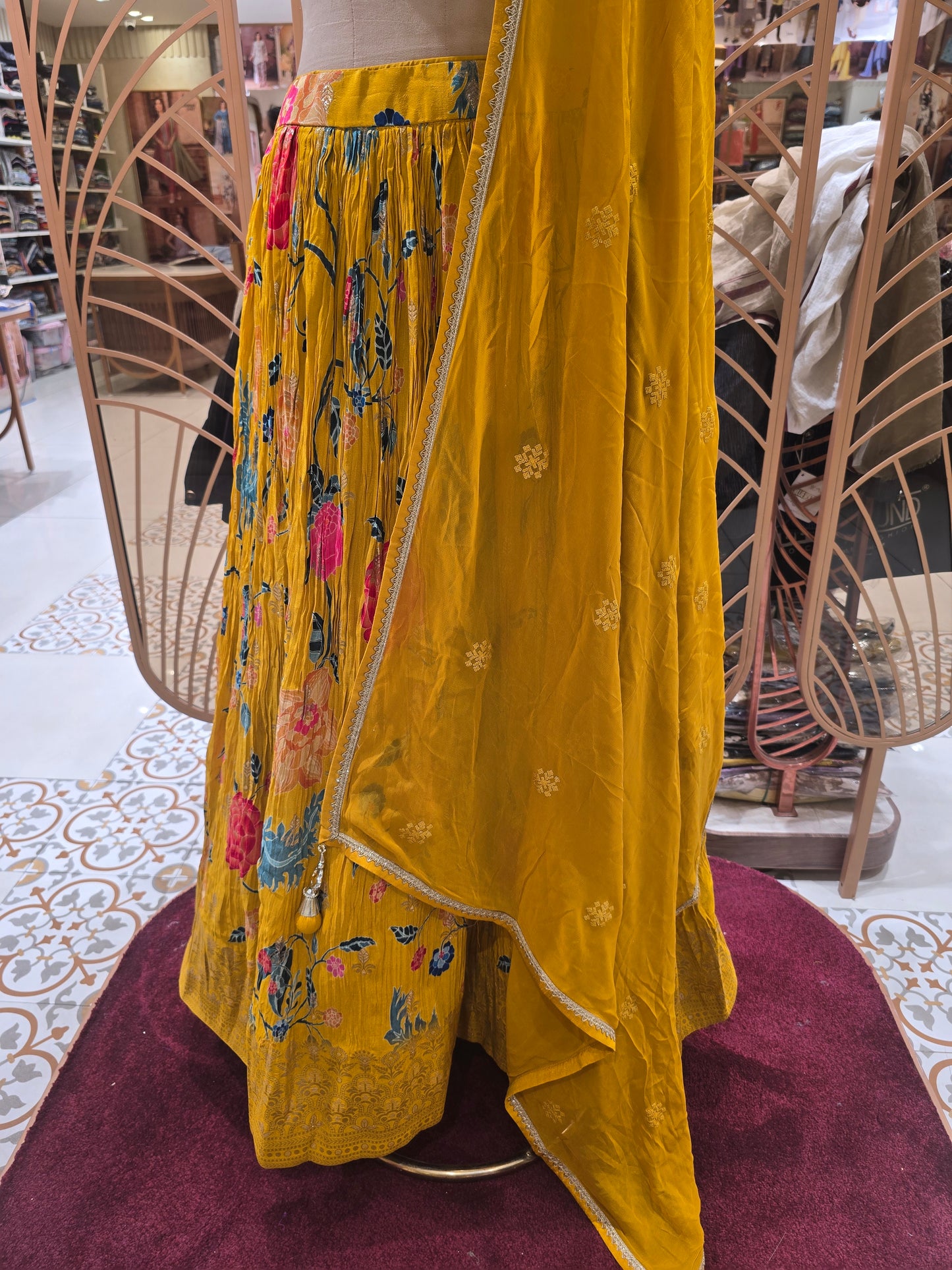 Mustard Silk Banarasi Lehenga with Floral Design & Handwork | V-Neck Crop Blouse & Banarasi Dupatta