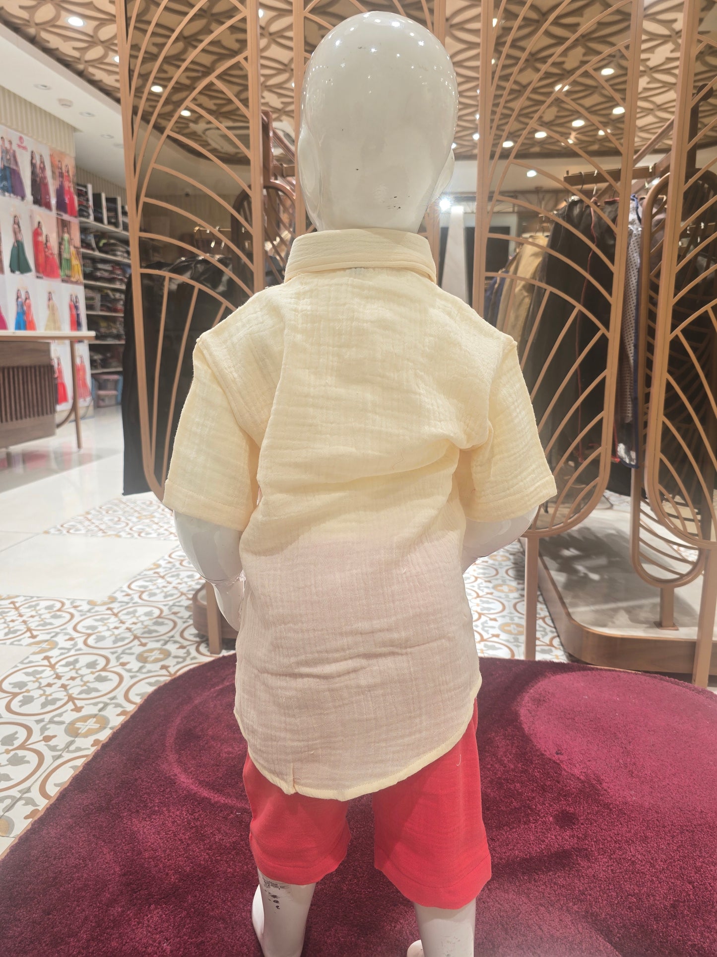 Beige Red Linen Capri Set for Boys