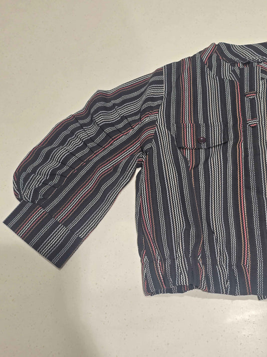 Girls Black Striped Oversized Henley Cotton Pullover Top
