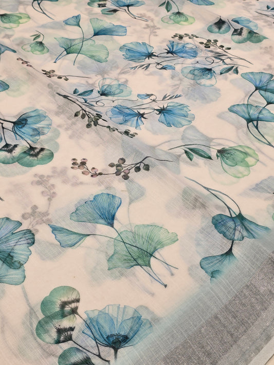 Semi Linen Saree with Floral Prints, Silver Zari Kaddi Pallu & Elegant Border – Daily Wear Collection