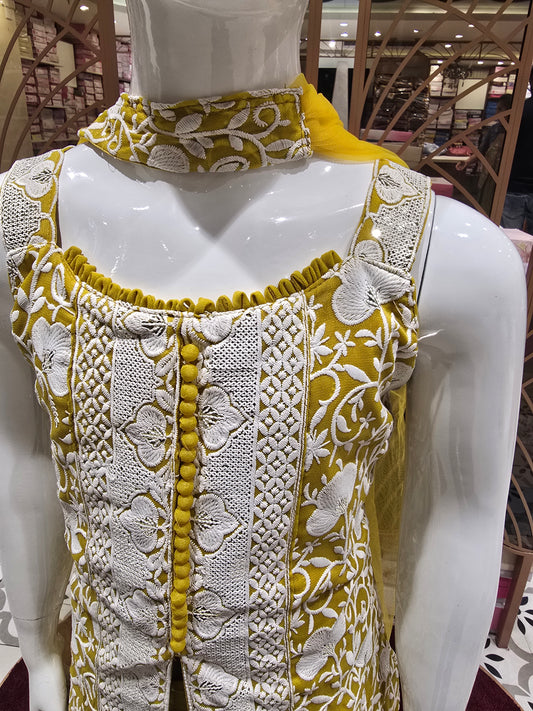 Mustard Yellow Georgette Indo Western Palazzo Set for Girls with Floral Embroidery & Cape Cut Blazer – 3 Piece Set