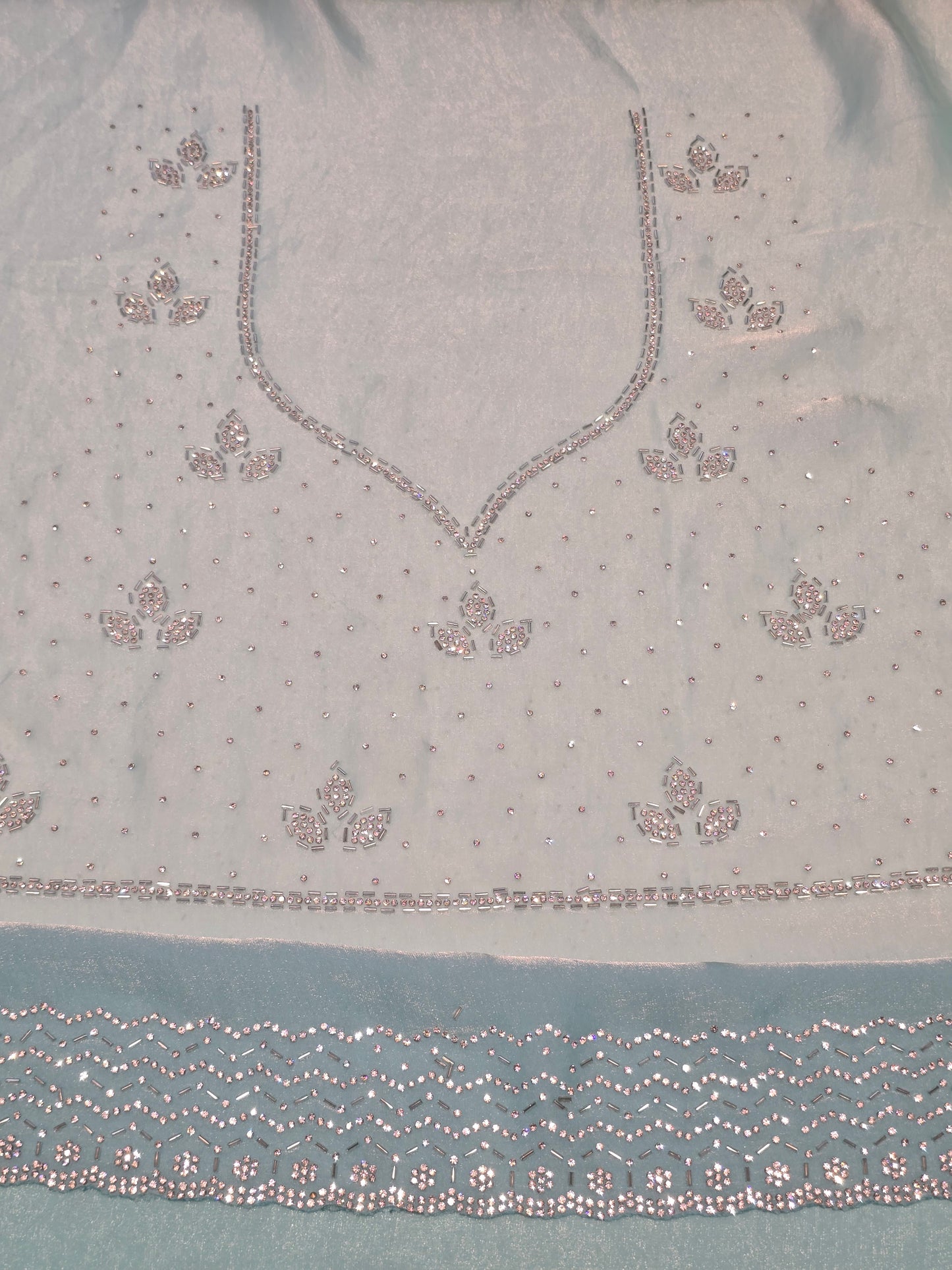 Organza Saree with Jharkhand Stone Work Across the Body | Sky Blue Self-Work Blouse | Party Wear