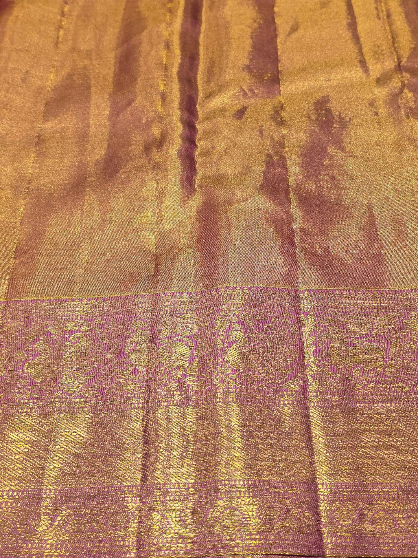 Pure handloom kanjivaram tissue silk baby pink base saree with contrast blouse and rich pallu , long traditional gatti border