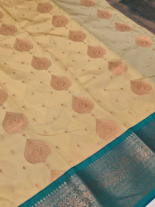 Semi Kanjivaram muhurtham saree with leaf styled vertical motifs & small butta with rich pallu , traditional border