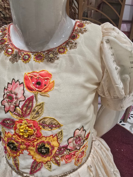 Crepe Sequin Fabric Gown with Multicolored Printed Border, Round-Neck Embroidery Work – Ethnic Party Wear for Girls (Age 5, Size 24)