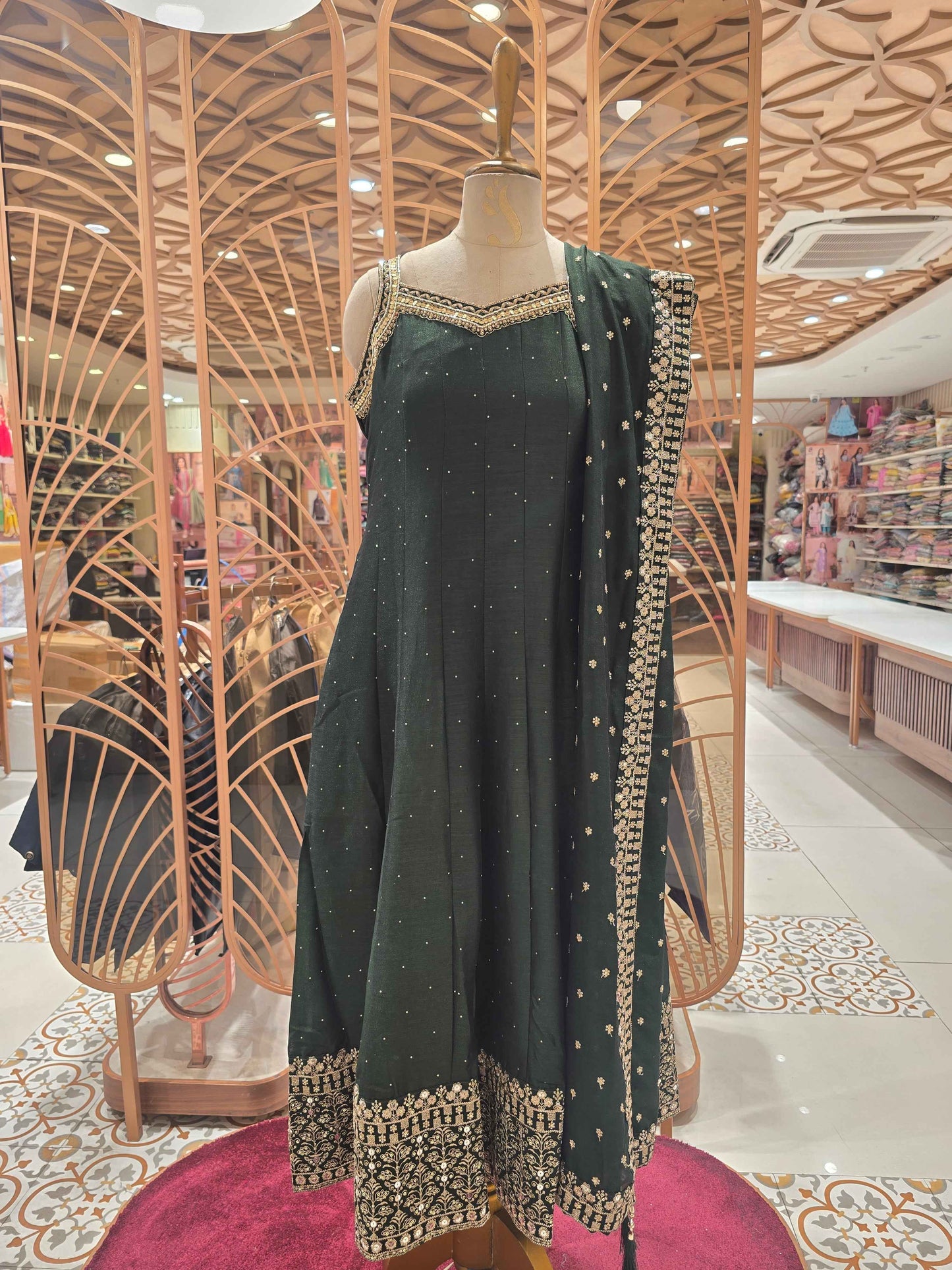 Silk mix Material bottle green colour anarkali kurta with grand dupatta