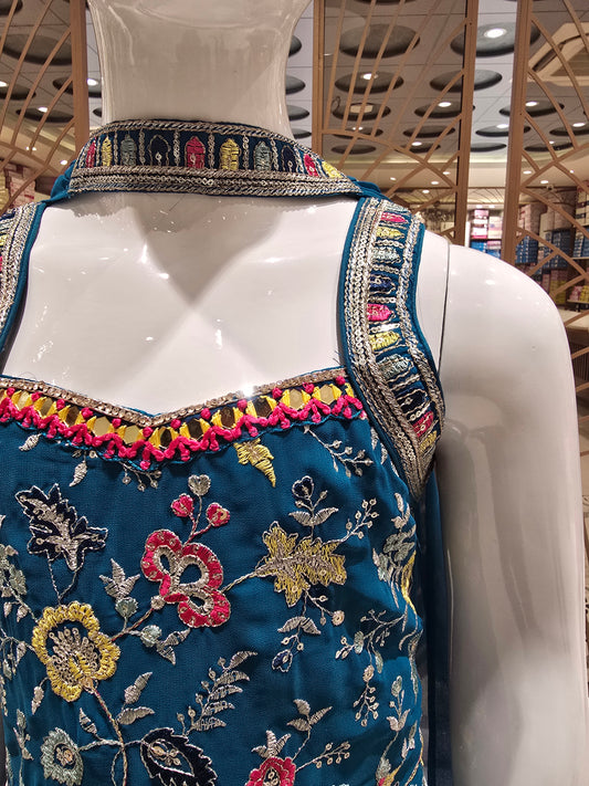 Girls Tissue Silk Sharara Set in Peacock Blue with Embroidery Design, Sequins Mirror Work Neck and Choker Dupatta for Festive and Party Occasions