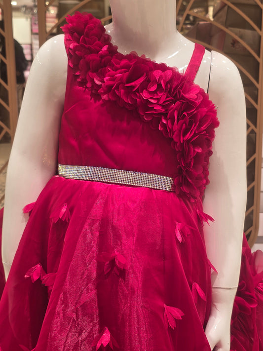 Girls Rani Pink Shimmer Satin Short Frock with Rose Shoulder Design