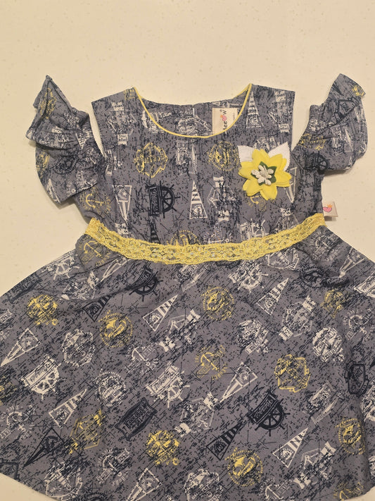 Baby Girls Gray Cotton Cold Shoulder Frock