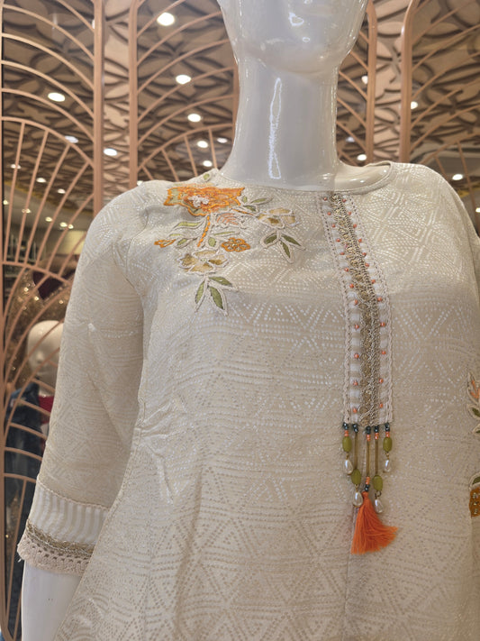 Women’s Silk Mix Coat Set in Black with Thread Work, Right Side Floral Design, V-Neck and ¾th Sleeves for Daily Wear