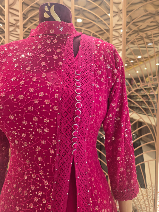 Women’s Net Party Wear Gown in Cherry Color with Micro Sequins Flower Embroidery Work, Front Cut I-Neck Design for Wedding and Festive Occasions