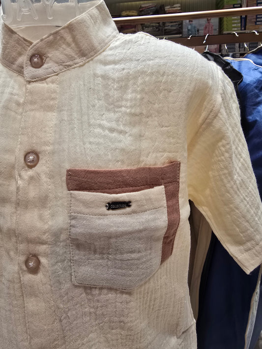 Boys Imported Fabric Capri Set in Beige with Pocket Detail Shirt and Peach Color Shorts for Summer Casual Wear